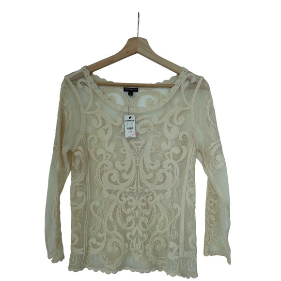 Express Tops - Romantic Boho Ivory Lace Mesh Top Long Sleeve Sheer Embroidered XS - NWT